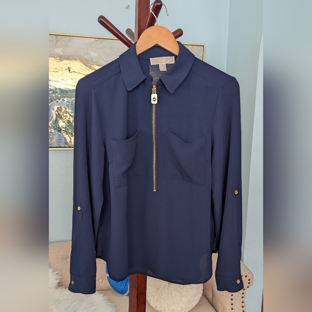 Michael Kors Blue Women's Top with Gold Accents Size M - Picture 5 of 11